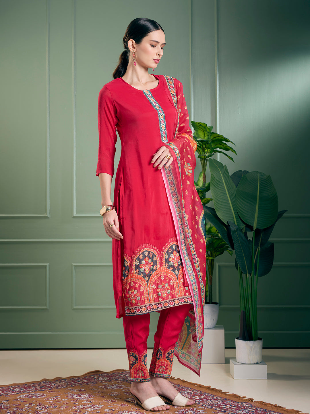 Ethnic Printed & Embroidered Straight Kurta with Pant & Dupatta - Pink