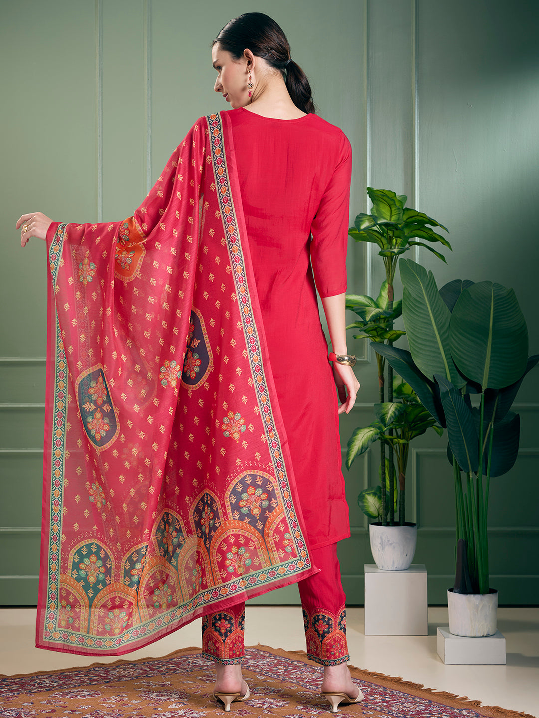 Ethnic Printed & Embroidered Straight Kurta with Pant & Dupatta - Pink