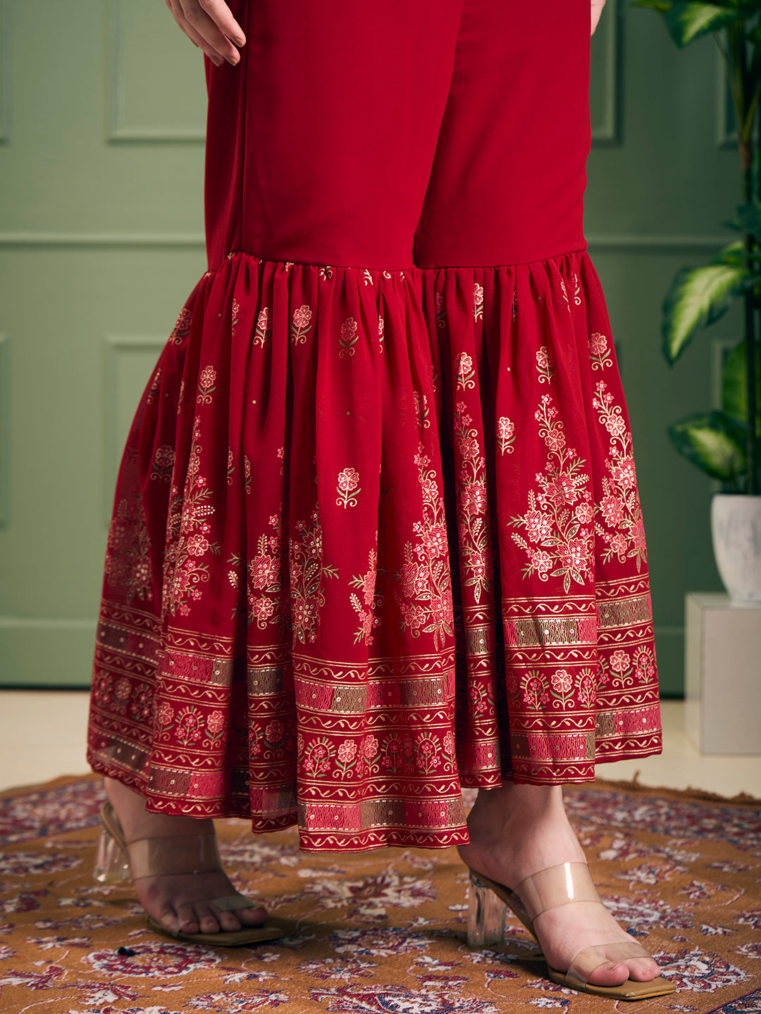 Festive Floral Printed & Embroidered & Anarkali With Sharara & Dupatta - Red