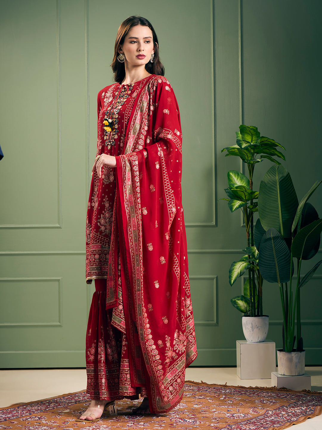 Festive Floral Printed & Embroidered & Anarkali With Sharara & Dupatta - Red