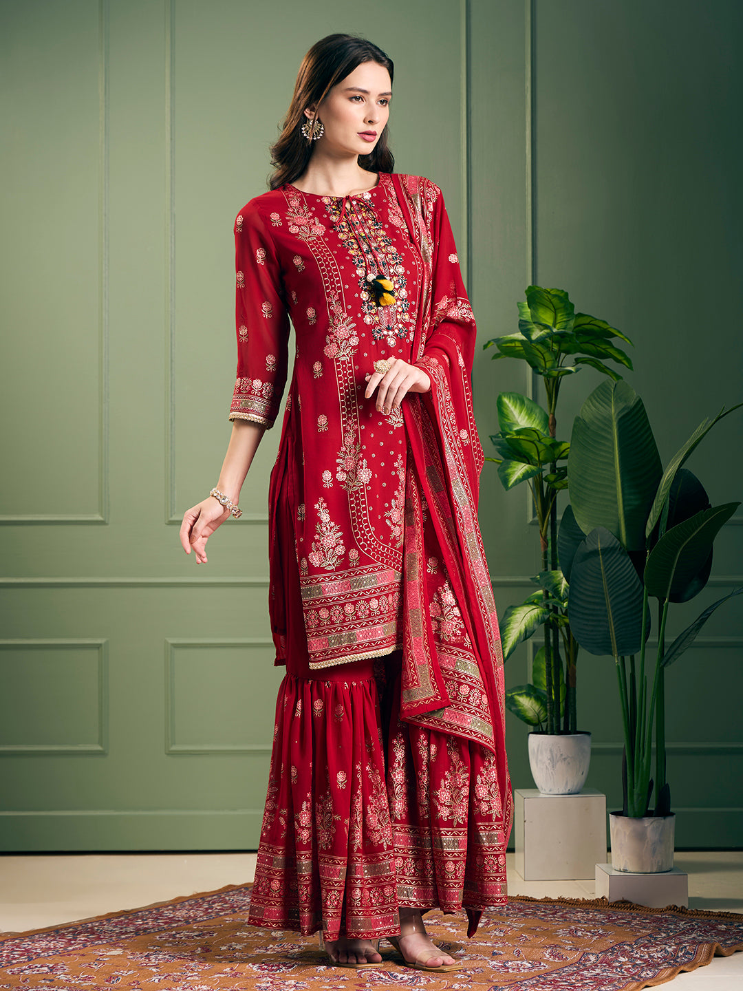 Festive Floral Printed & Embroidered & Anarkali With Sharara & Dupatta - Red