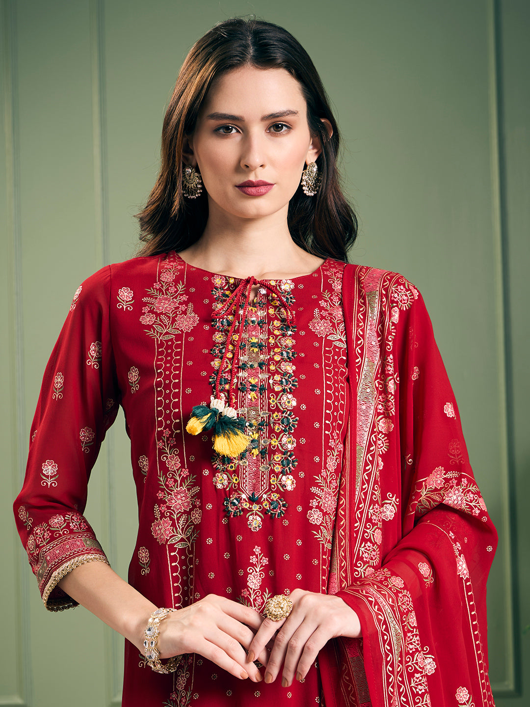 Festive Floral Printed & Embroidered & Anarkali With Sharara & Dupatta - Red