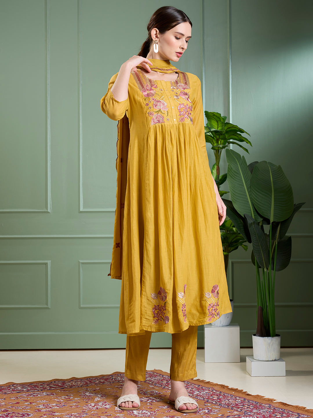 Solid Floral Embodied A-Line Pleated Kurta with Pant & Dupatta - Mustard