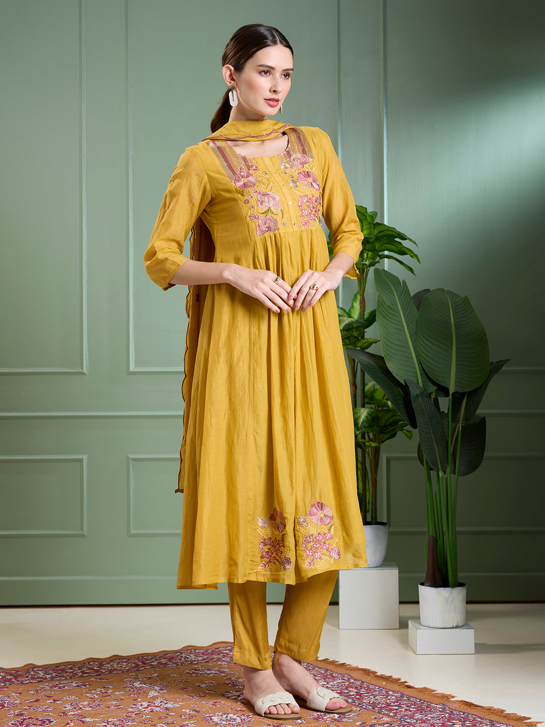 Solid Floral Embodied A-Line Pleated Kurta with Pant & Dupatta - Mustard