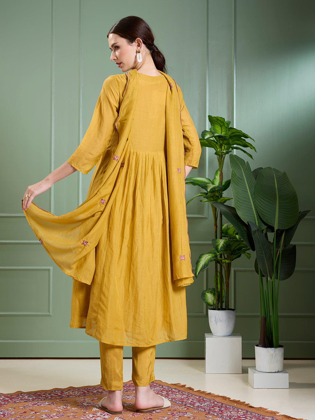 Solid Floral Embodied A-Line Pleated Kurta with Pant & Dupatta - Mustard