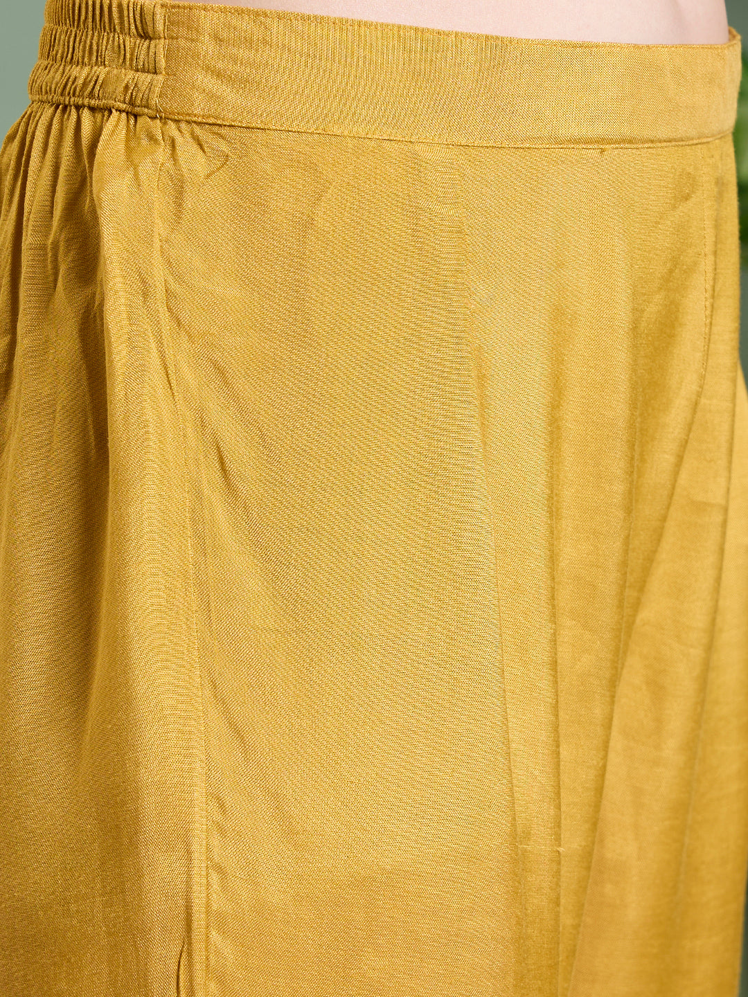 Solid Floral Embodied A-Line Pleated Kurta with Pant & Dupatta - Mustard