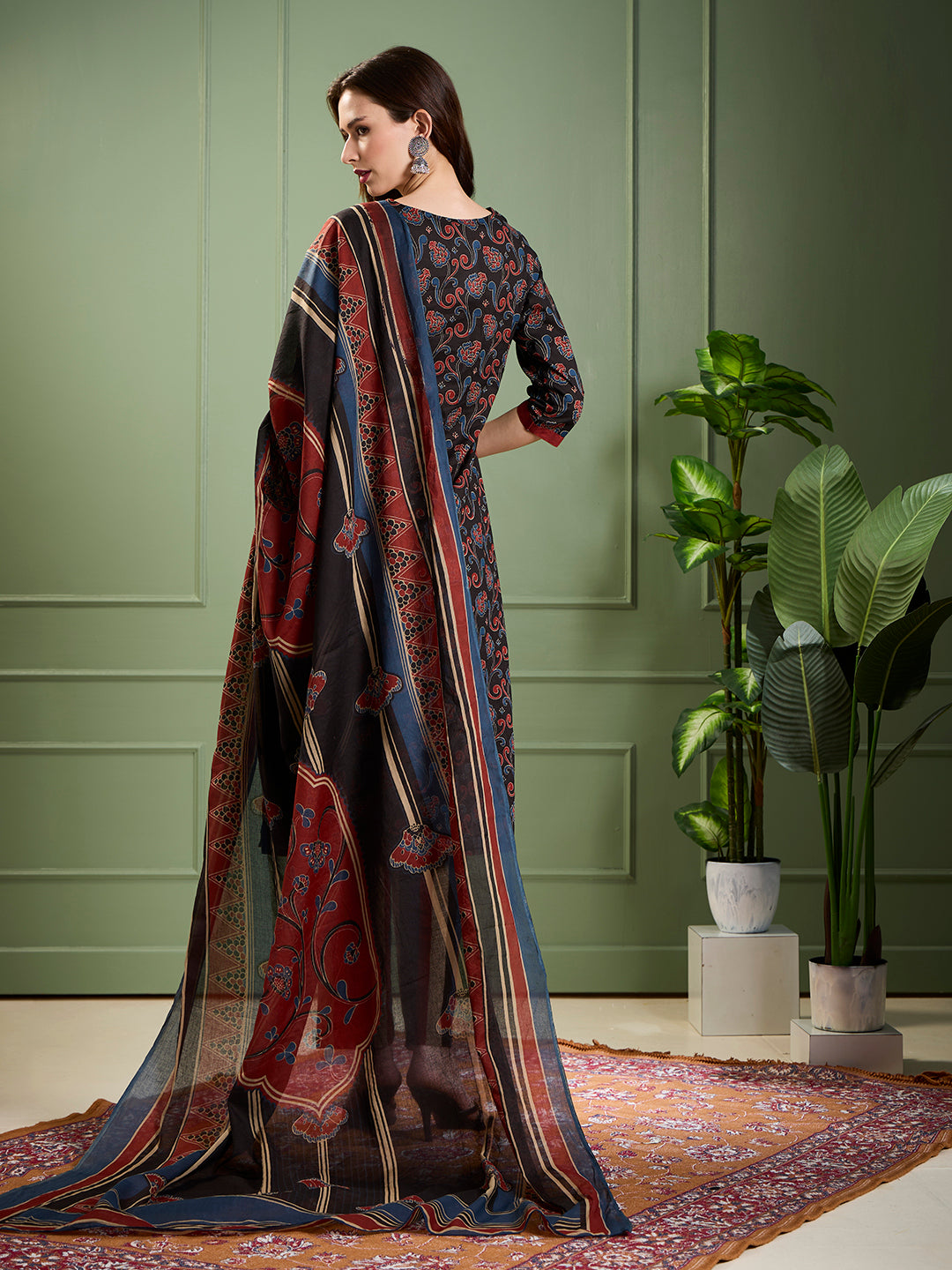 Ethnic Ajrakh Printed Straight Kurta with Pant & Dupatta- Multi
