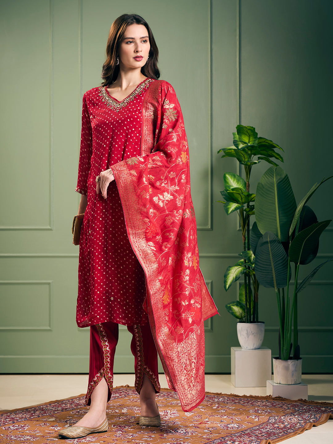 Solid Ethnic Embroidered Straight Kurta with Dhoti & Dupatta - Maroon