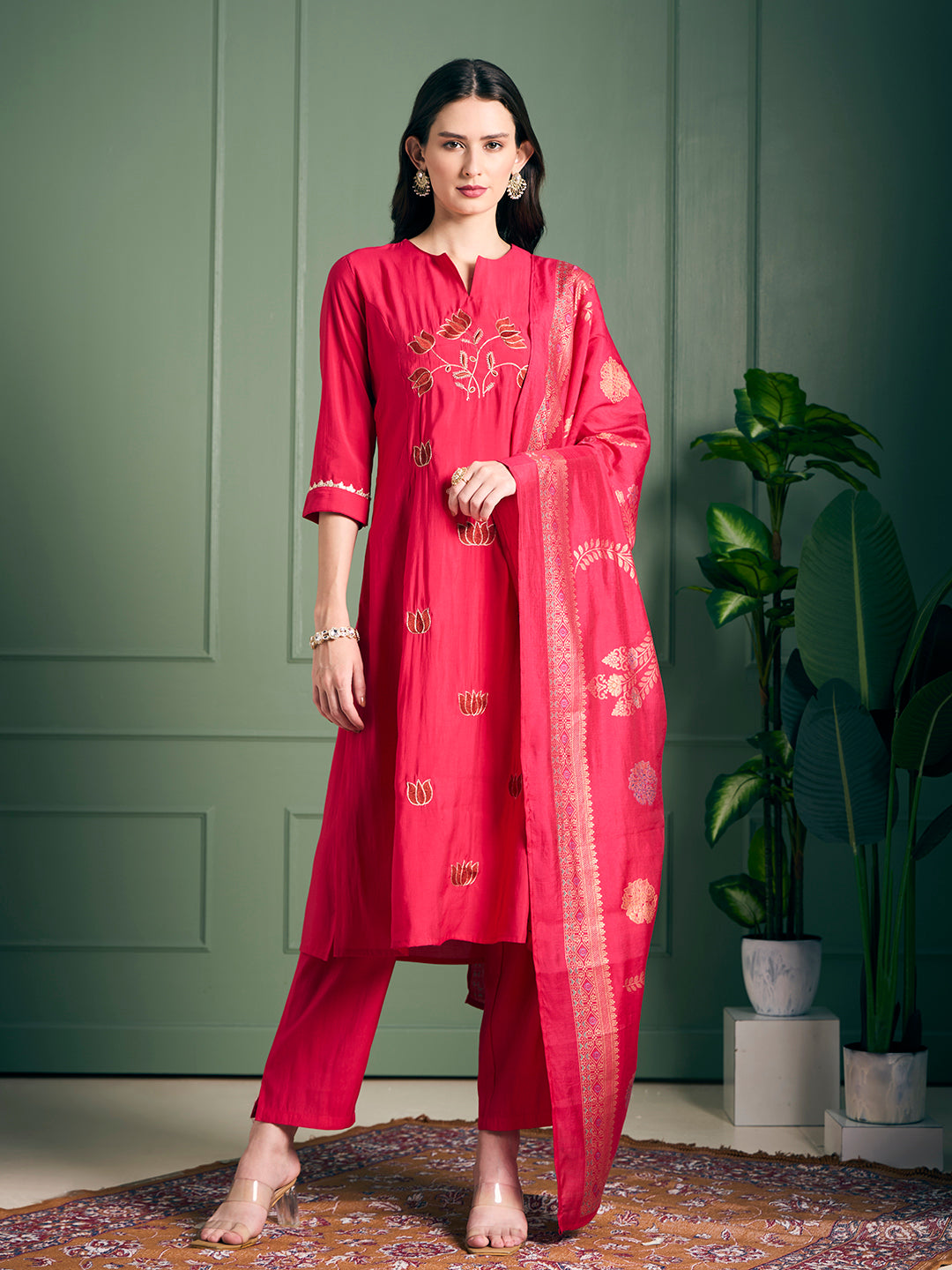 Solid Lotus Embroidered Straight Kurta with Pant & Dupatta - Rani
