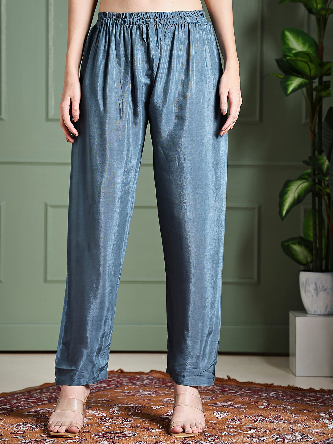 Solid Floral Embroidered Straight Kurta with Pant & Dupatta - Blue