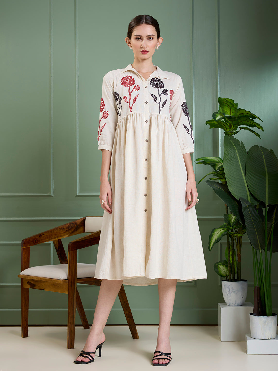 Solid Abstract Floral Applique Work A-Line Pleated Midi Dress - Off White