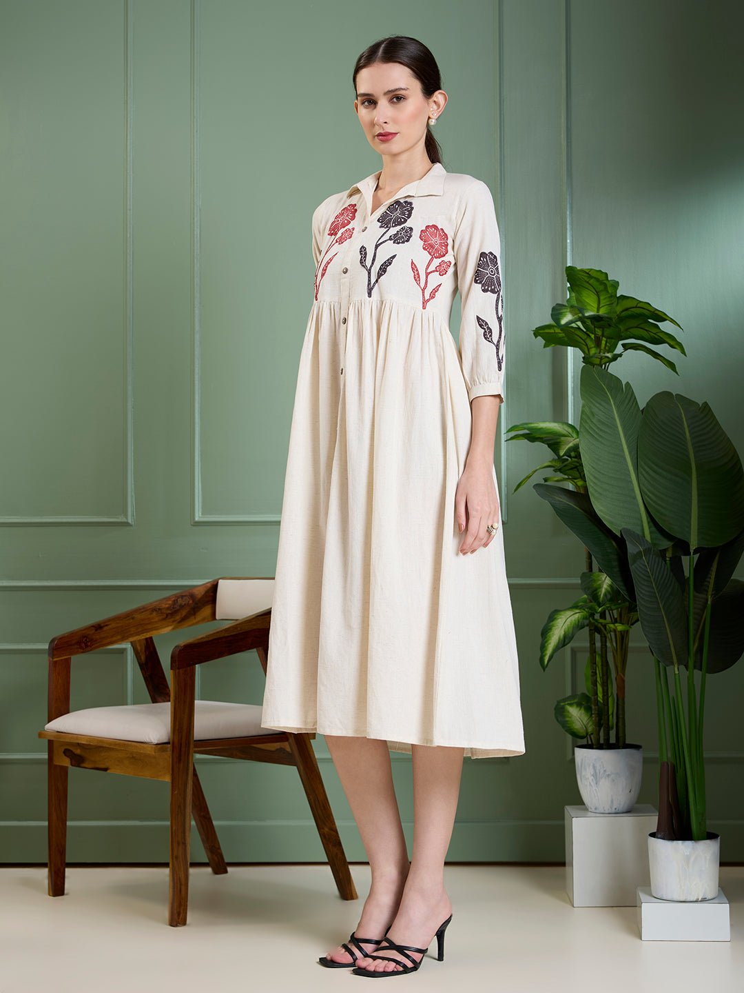 Solid Abstract Floral Applique Work A-Line Pleated Midi Dress - Off White