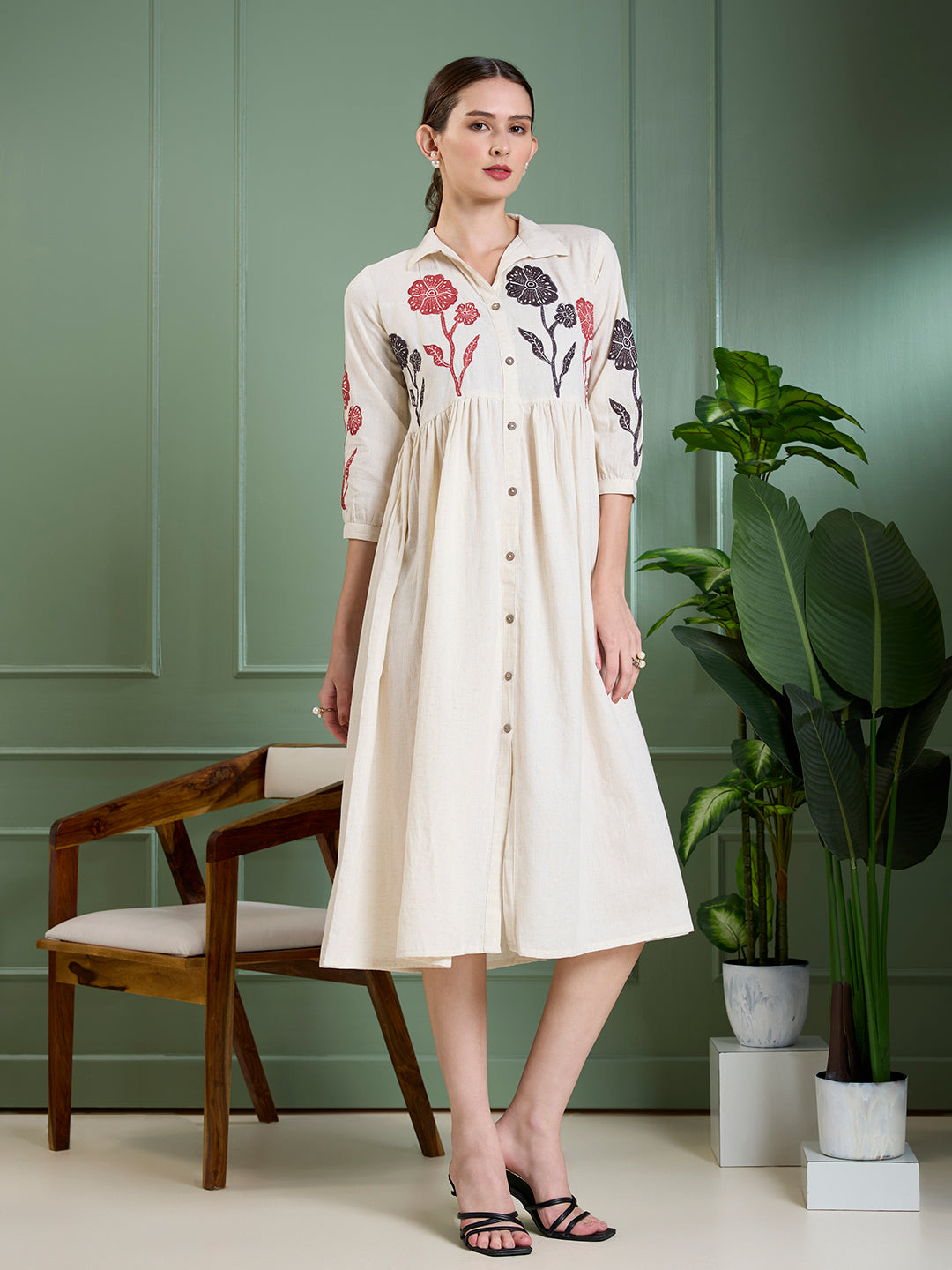 Solid Abstract Floral Applique Work A-Line Pleated Midi Dress - Off White