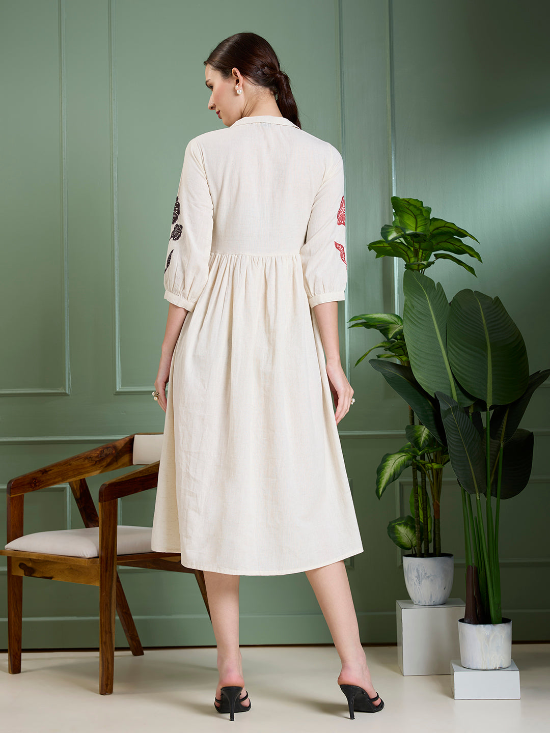 Solid Abstract Floral Applique Work A-Line Pleated Midi Dress - Off White