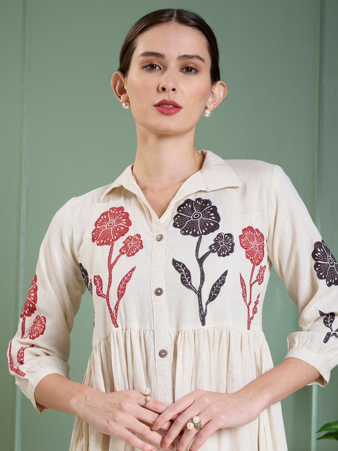 Solid Abstract Floral Applique Work A-Line Pleated Midi Dress - Off White