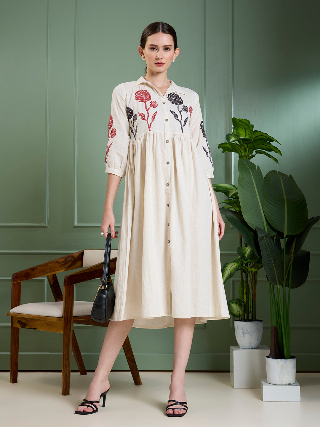 Solid Abstract Floral Applique Work A-Line Pleated Midi Dress - Off White