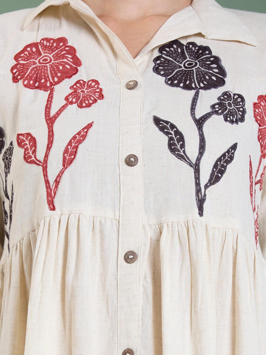 Solid Abstract Floral Applique Work A-Line Pleated Midi Dress - Off White