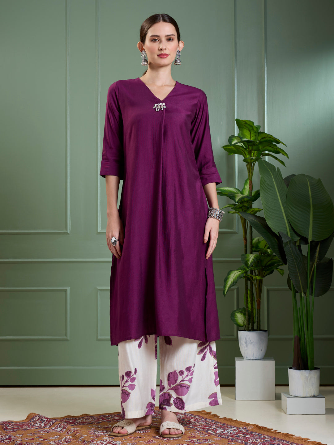 Solid A-Line Kurta with Floral Printed Palazzo - Purple