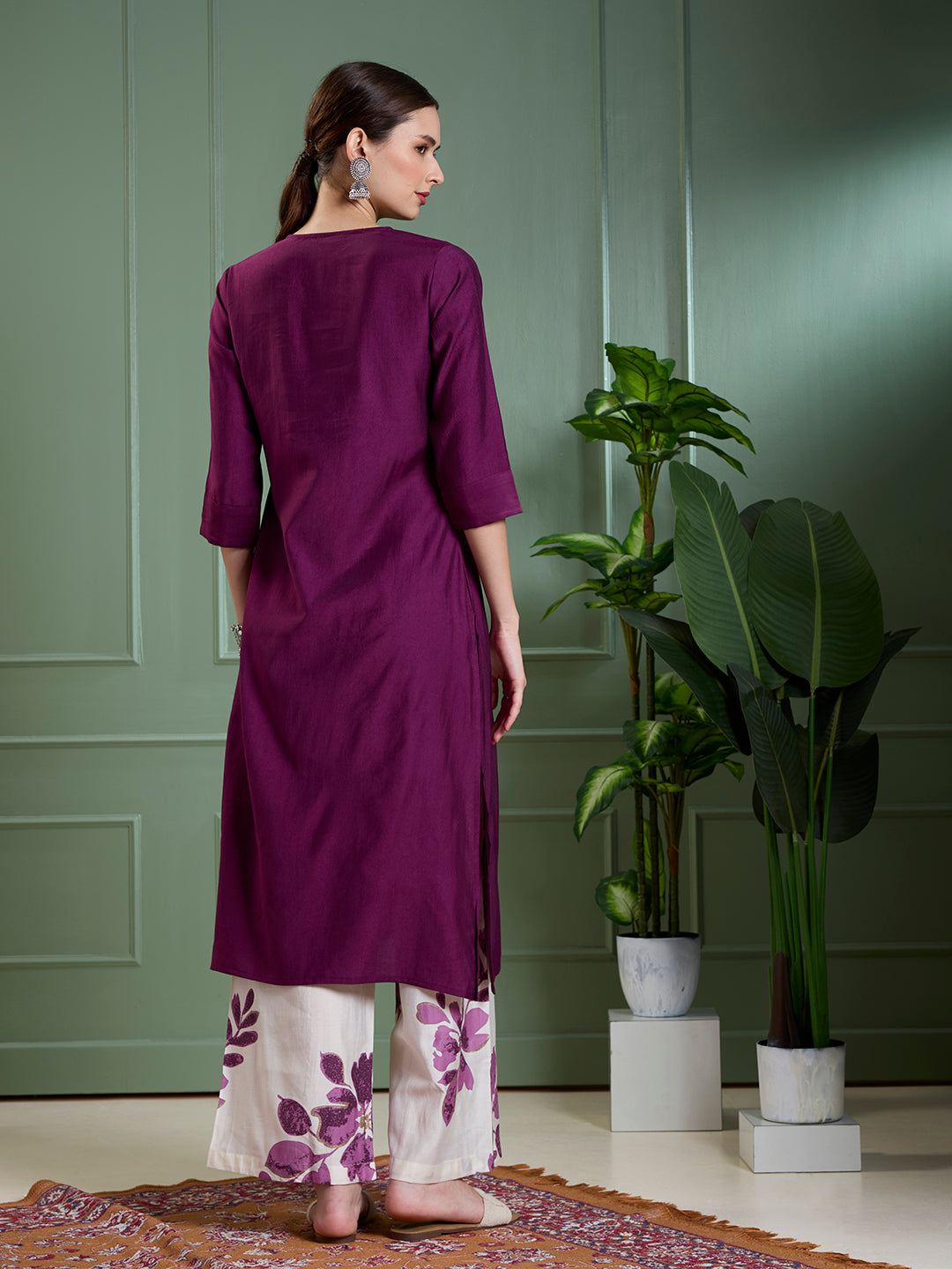 Solid A-Line Kurta with Floral Printed Palazzo - Purple