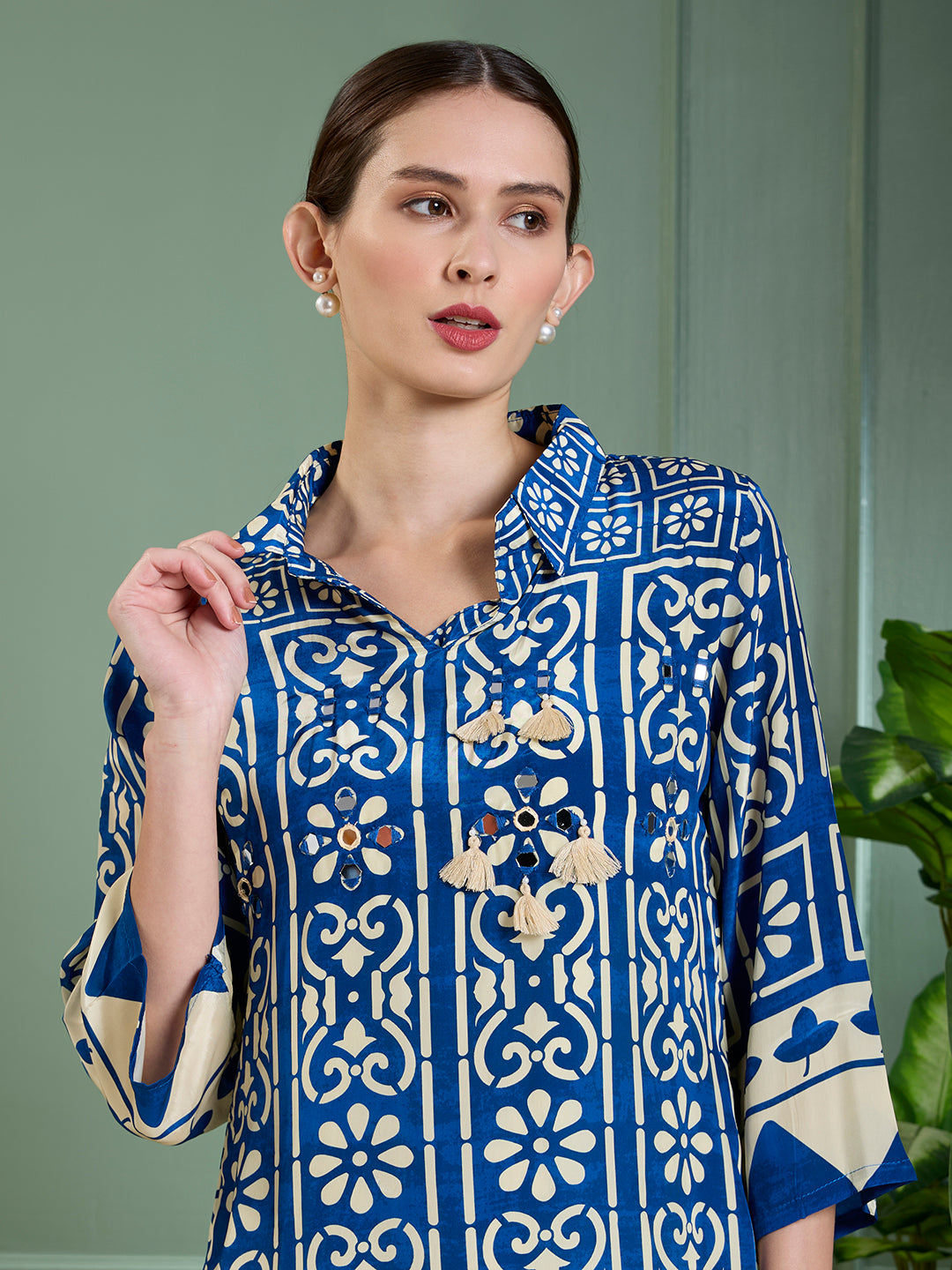 Ethnic Floral Printed Straight Fit Co-ord Set - Blue