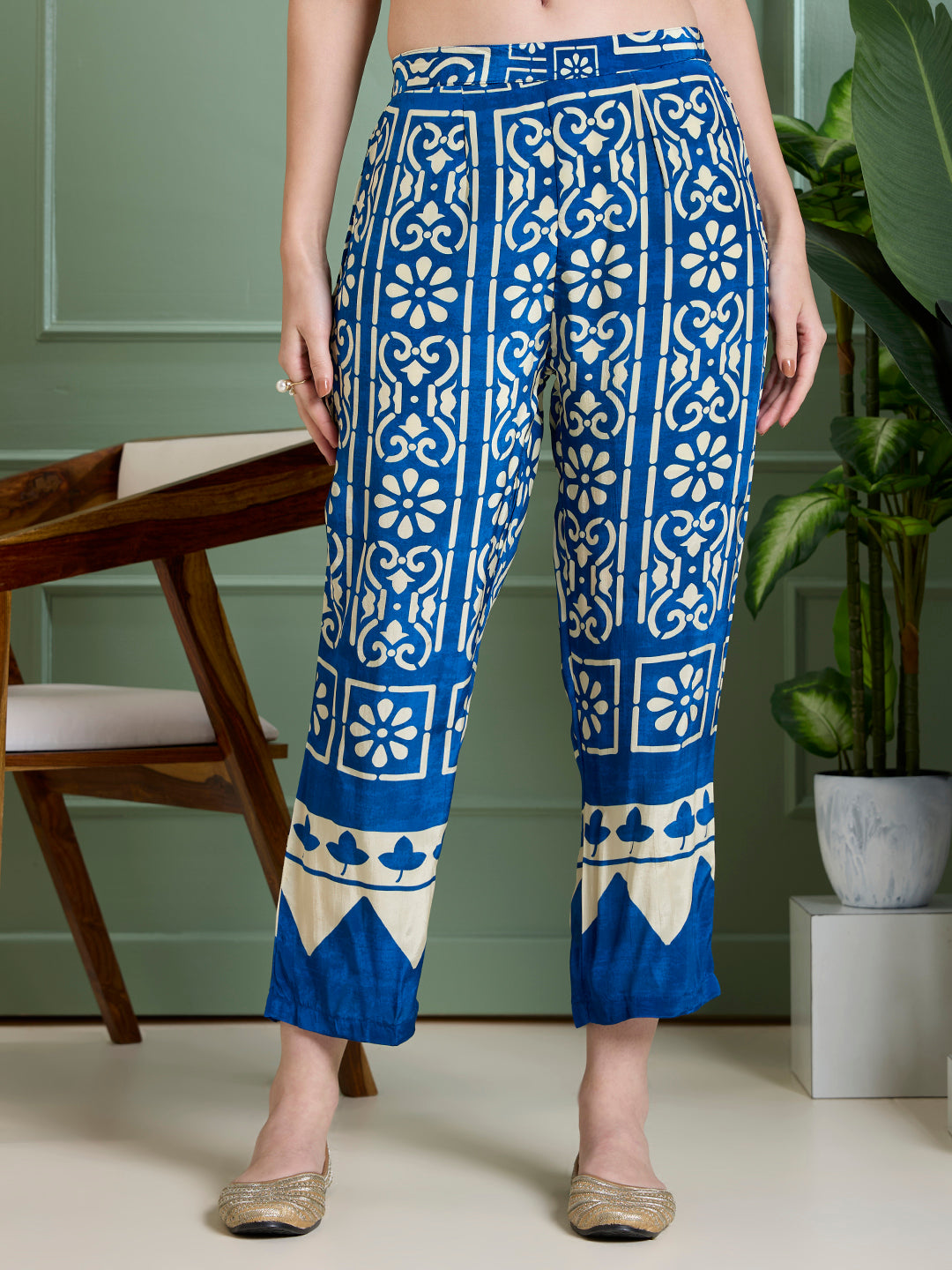 Ethnic Floral Printed Straight Fit Co-ord Set - Blue