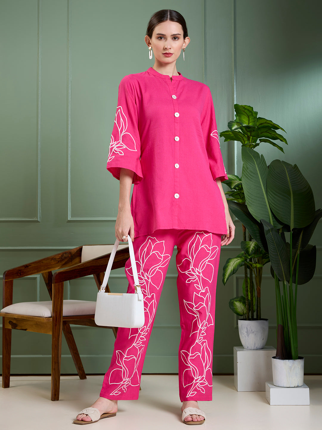 Solid Floral Embroidered Straight Fit Co-ord Set - Rani