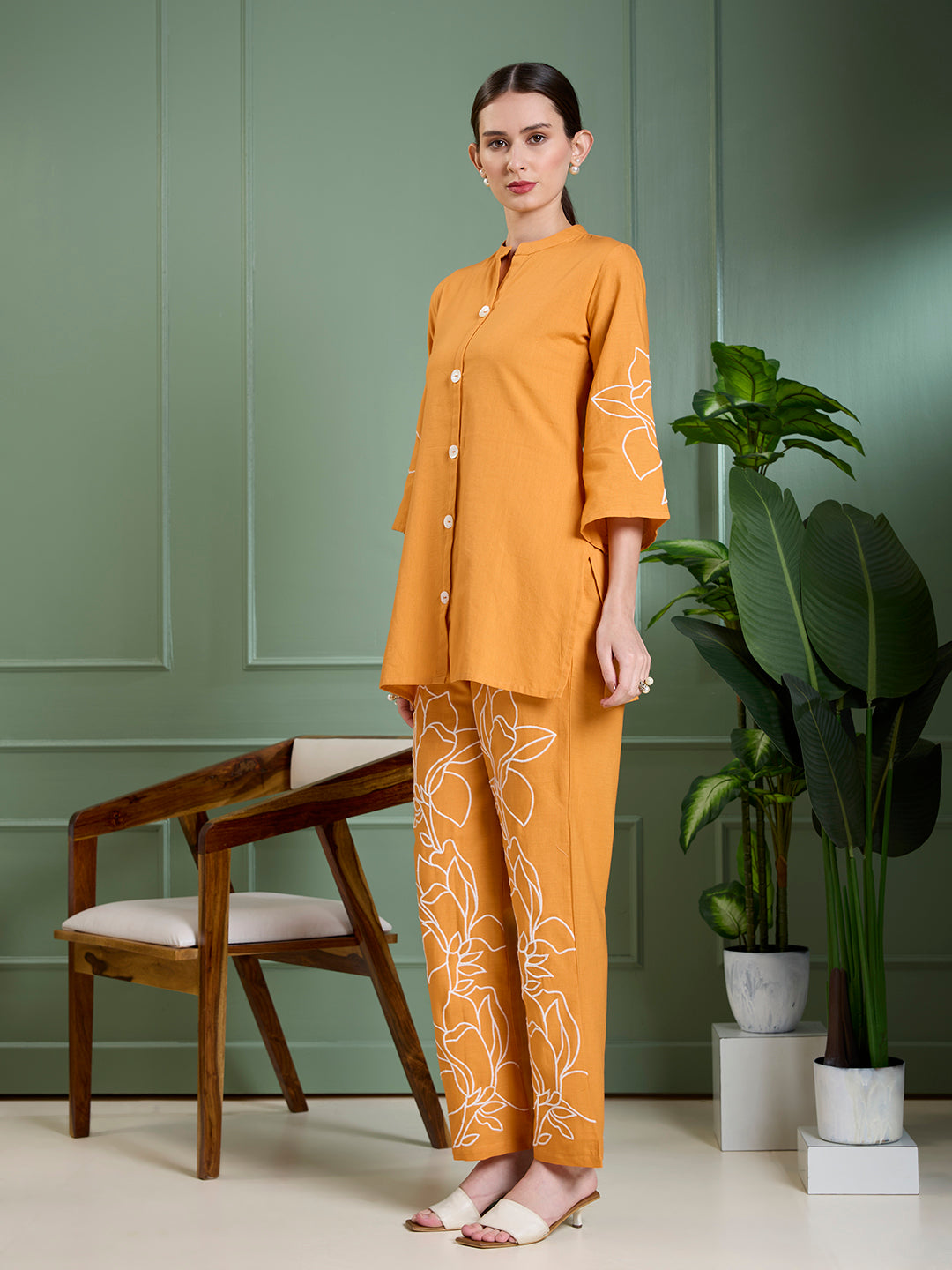 Solid Floral Embroidered Straight Fit Co-ord Set - Orange