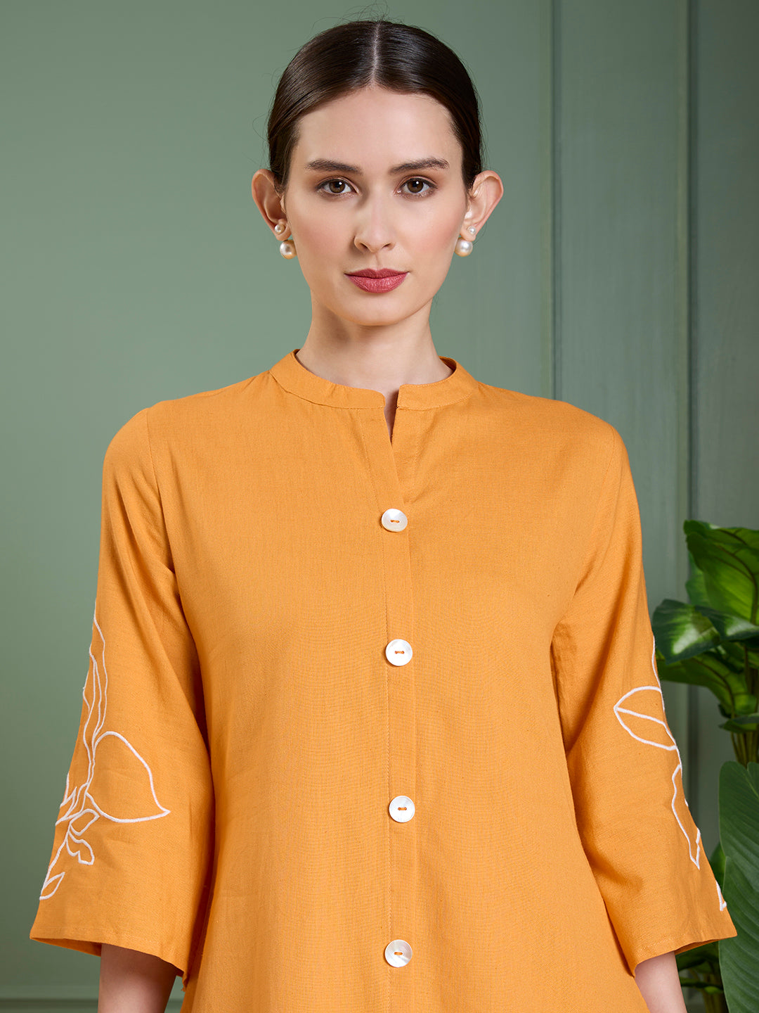 Solid Floral Embroidered Straight Fit Co-ord Set - Orange