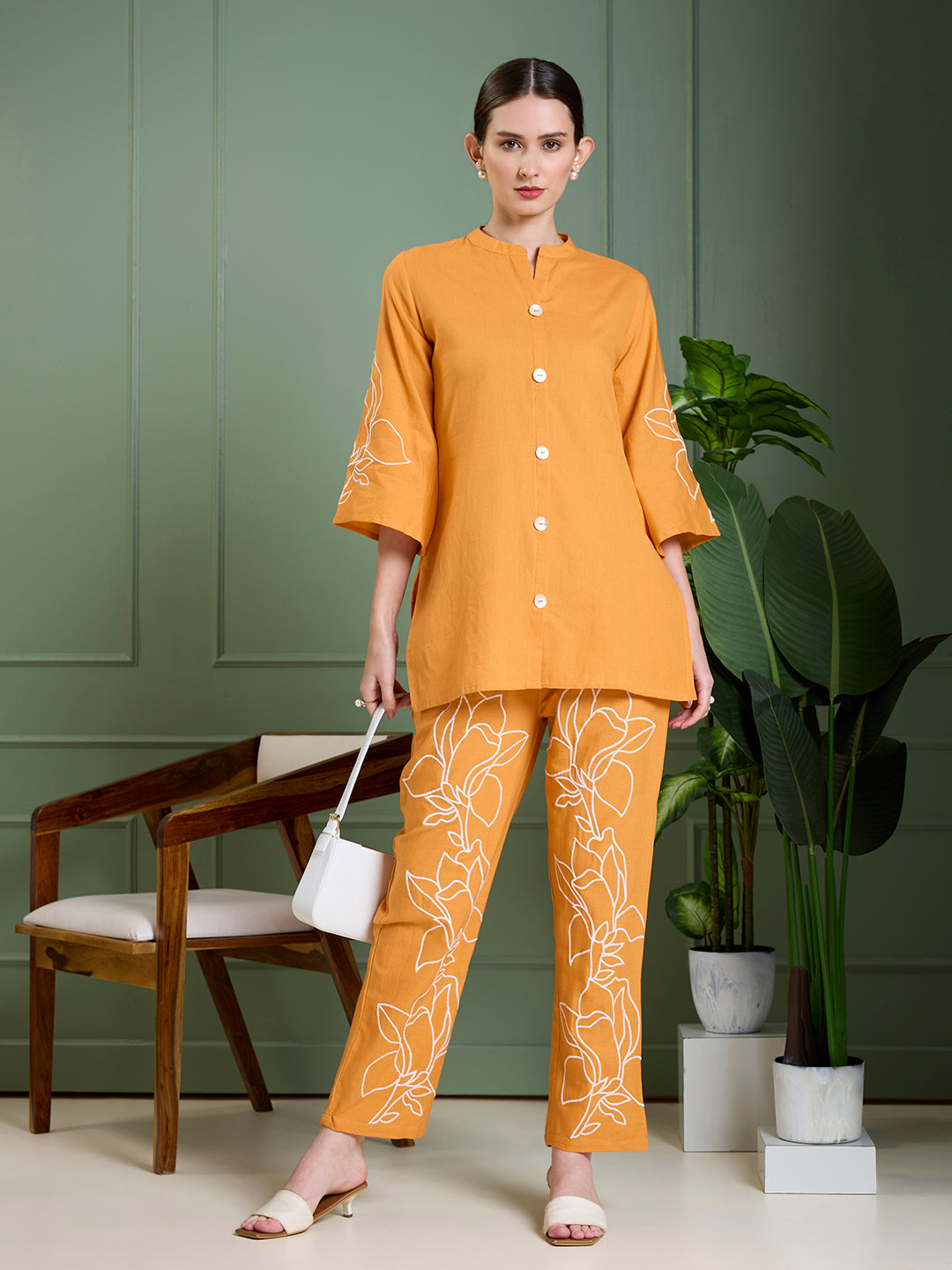Solid Floral Embroidered Straight Fit Co-ord Set - Orange