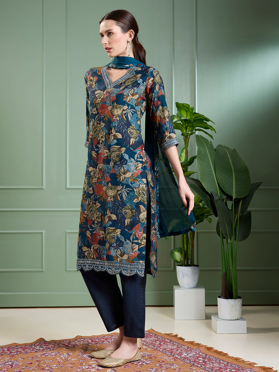 Floral Foil Printed Straight Kurta with Pant & Dupatta - Teal