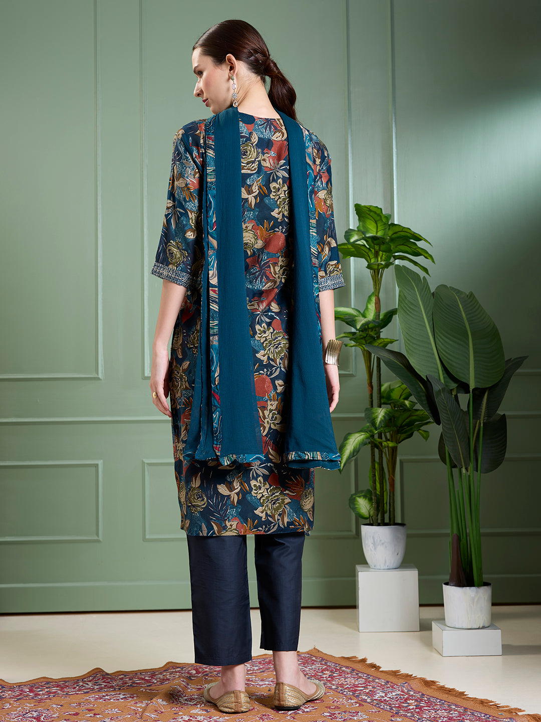 Floral Foil Printed Straight Kurta with Pant & Dupatta - Teal