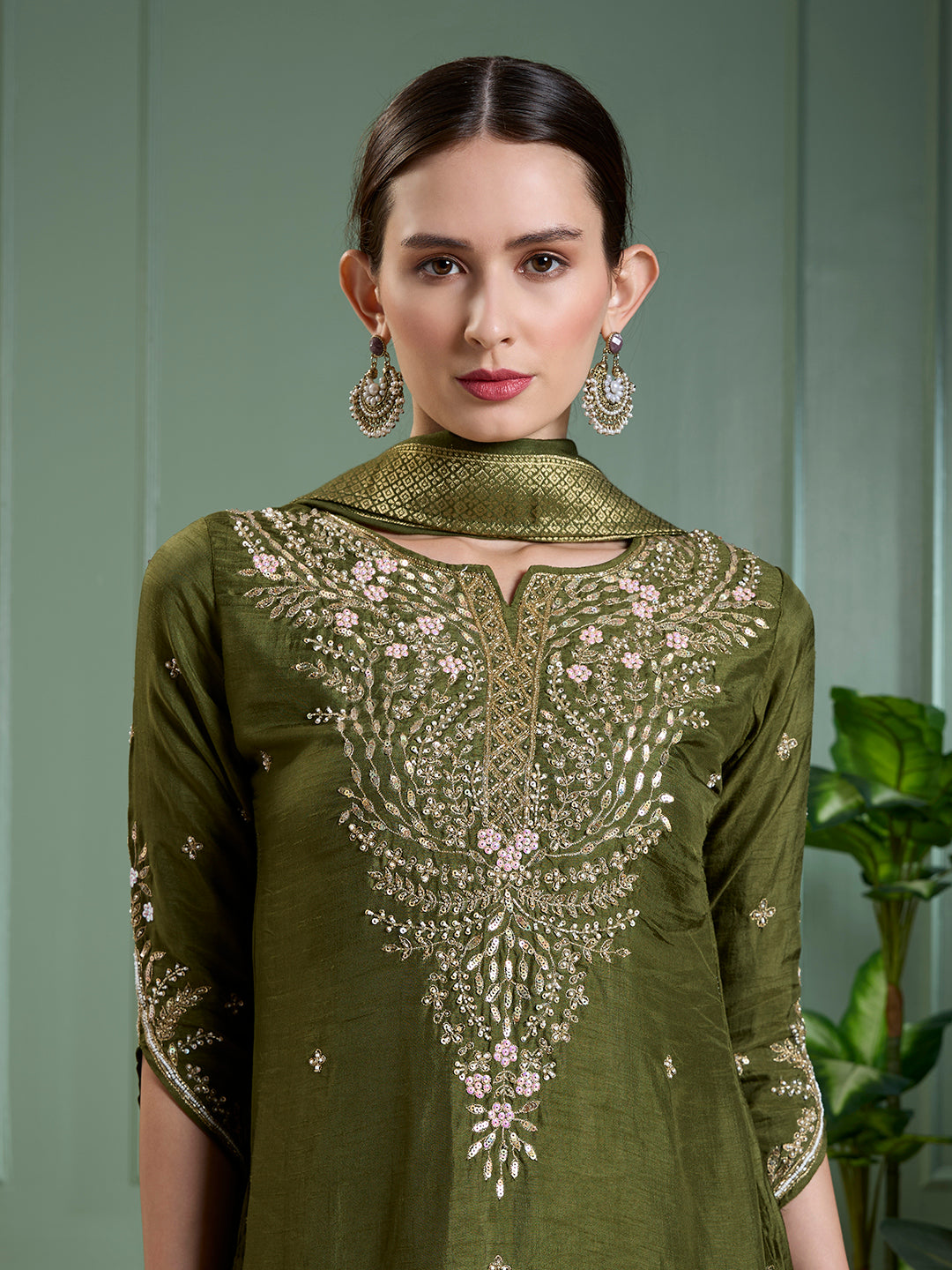 Festive & Ethnic Embroidered Straight Kurta with Pant & Dupatta - Green