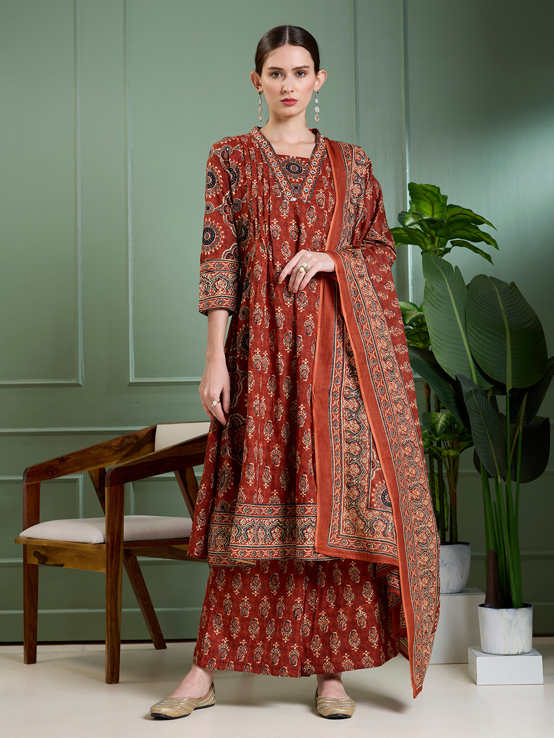Ethnic Floral Printed & Embroidered Anarkali Kurta with Palazzo Dupatta - Rust