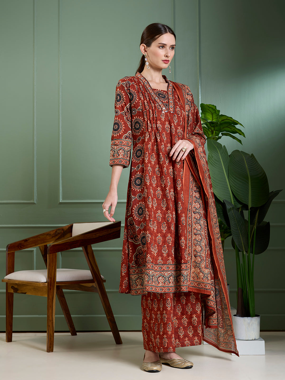 Ethnic Floral Printed & Embroidered Anarkali Kurta with Palazzo Dupatta - Rust