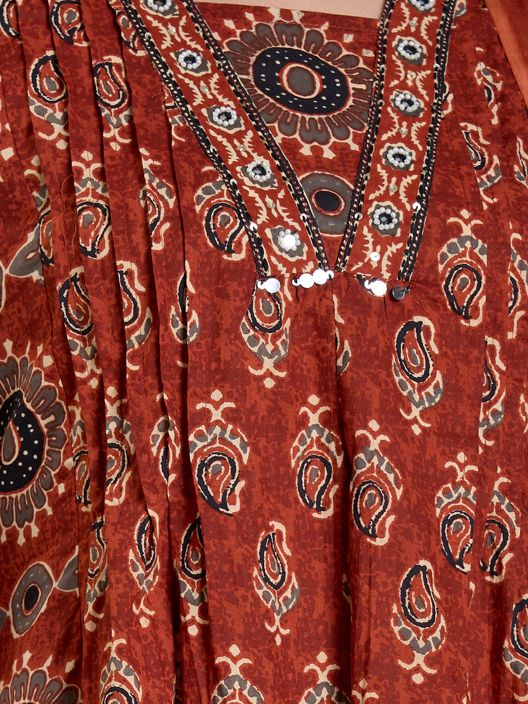 Ethnic Floral Printed & Embroidered Anarkali Kurta with Palazzo Dupatta - Rust