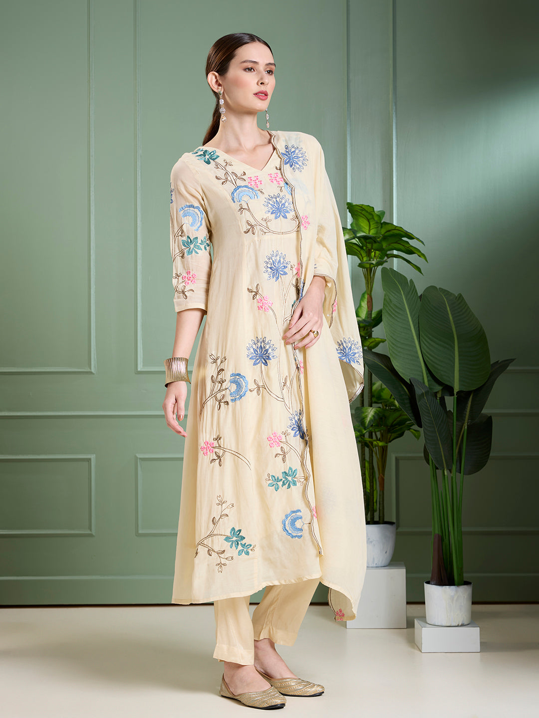 Solid Floral Embodied A-Line Kurta with Pant & Dupatta - Cream