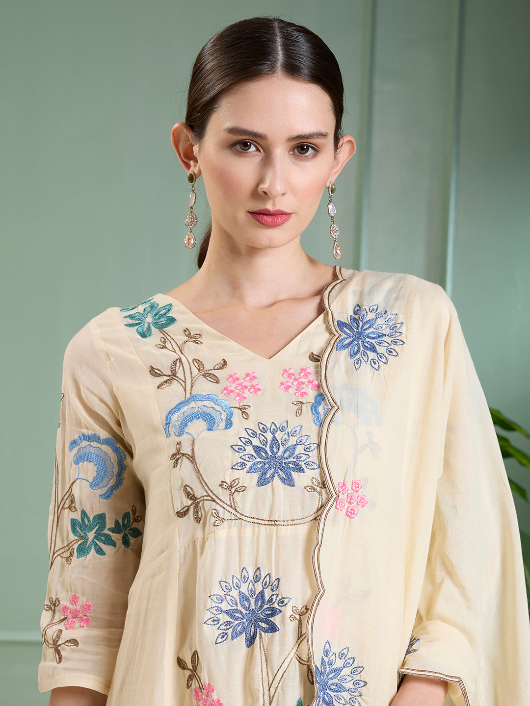 Solid Floral Embodied A-Line Kurta with Pant & Dupatta - Cream