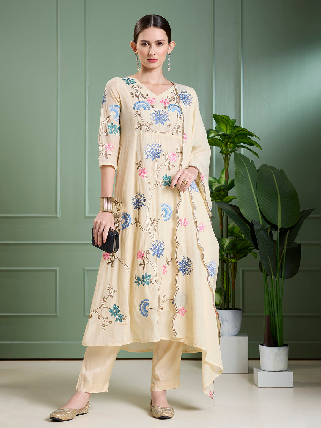 Solid Floral Embodied A-Line Kurta with Pant & Dupatta - Cream