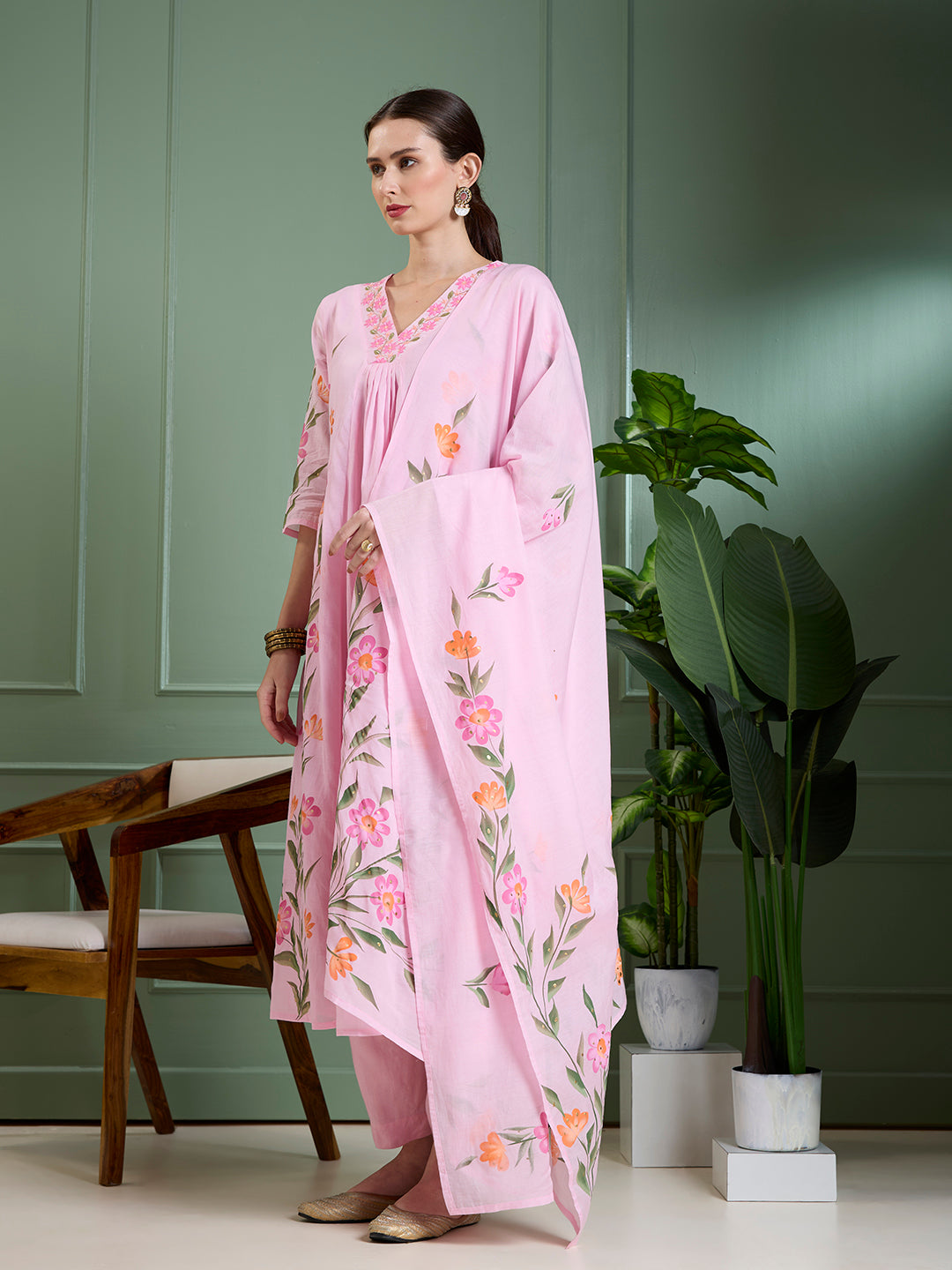 Floral Hand Painted A-Line Kurta with Pant & Dupatta - Pink