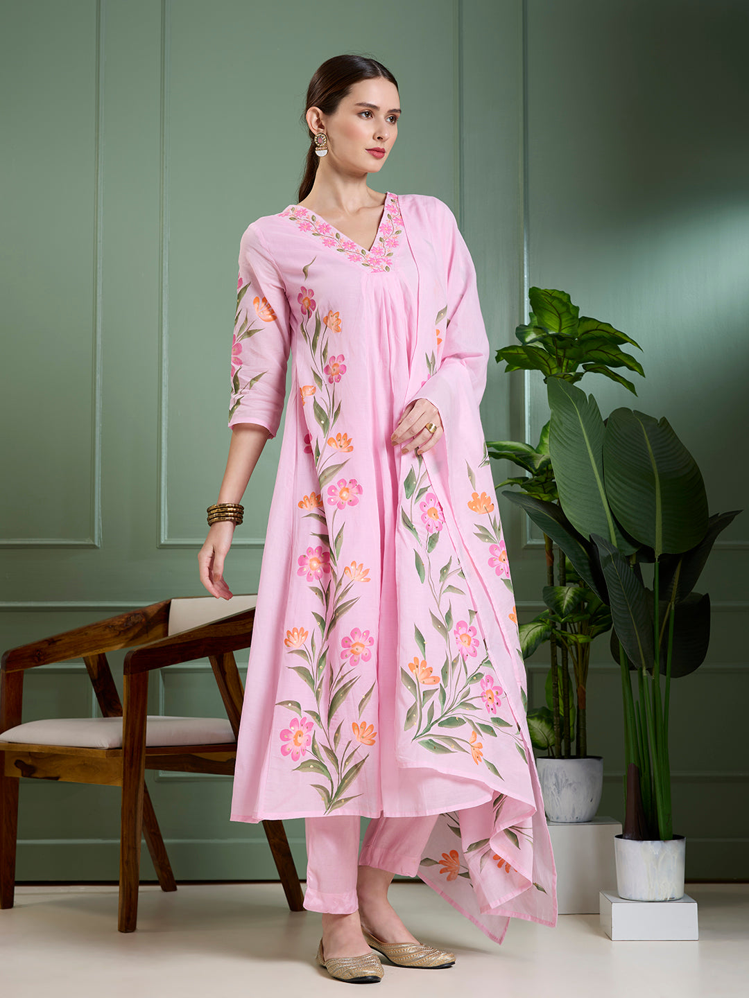 Floral Hand Painted A-Line Kurta with Pant & Dupatta - Pink