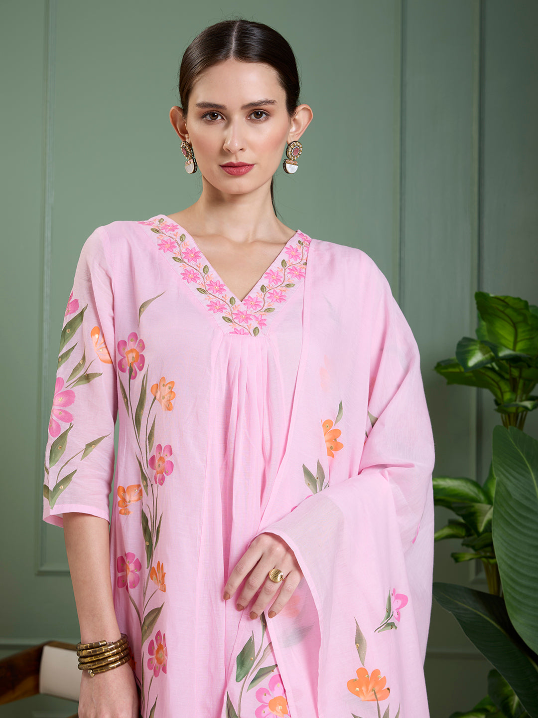 Floral Hand Painted A-Line Kurta with Pant & Dupatta - Pink