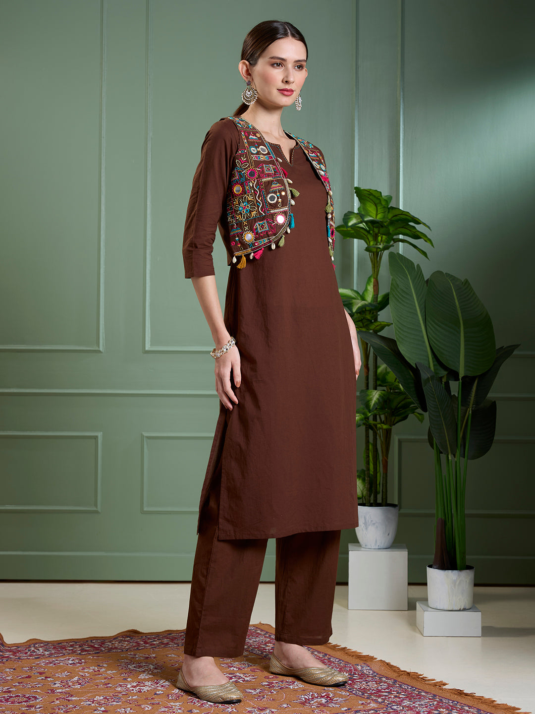 Solid Straight Fit Cotton Kurta with Pant & Mirror Work Sleeveless Jacket - Brown