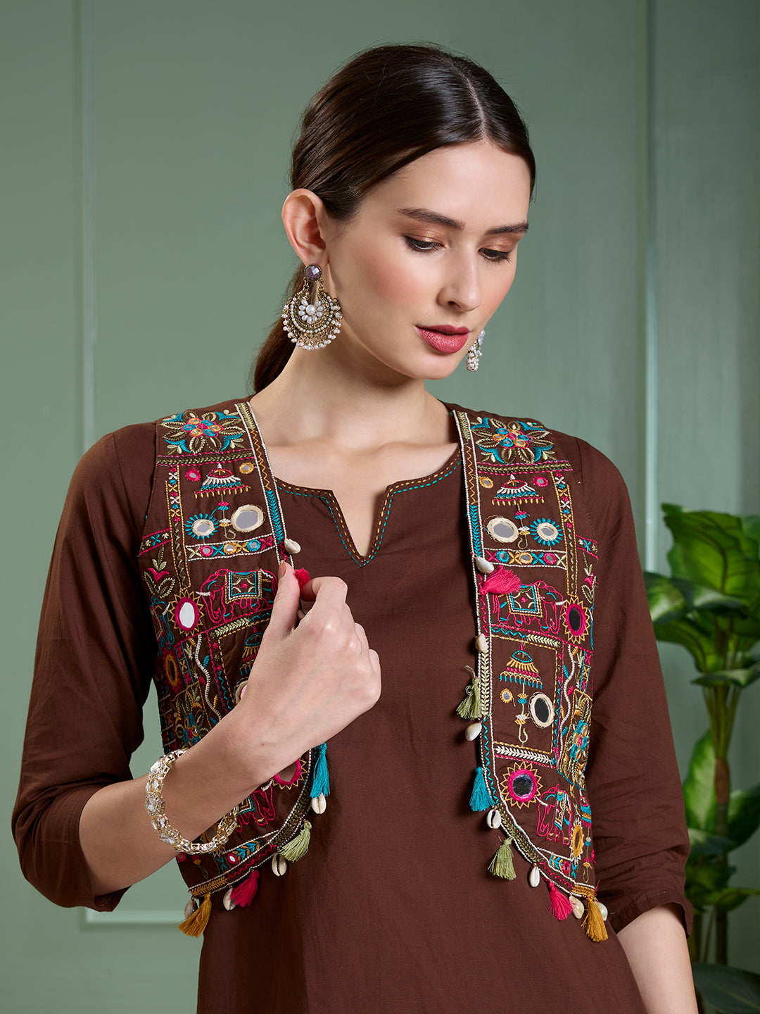 Solid Straight Fit Cotton Kurta with Pant & Mirror Work Sleeveless Jacket - Brown