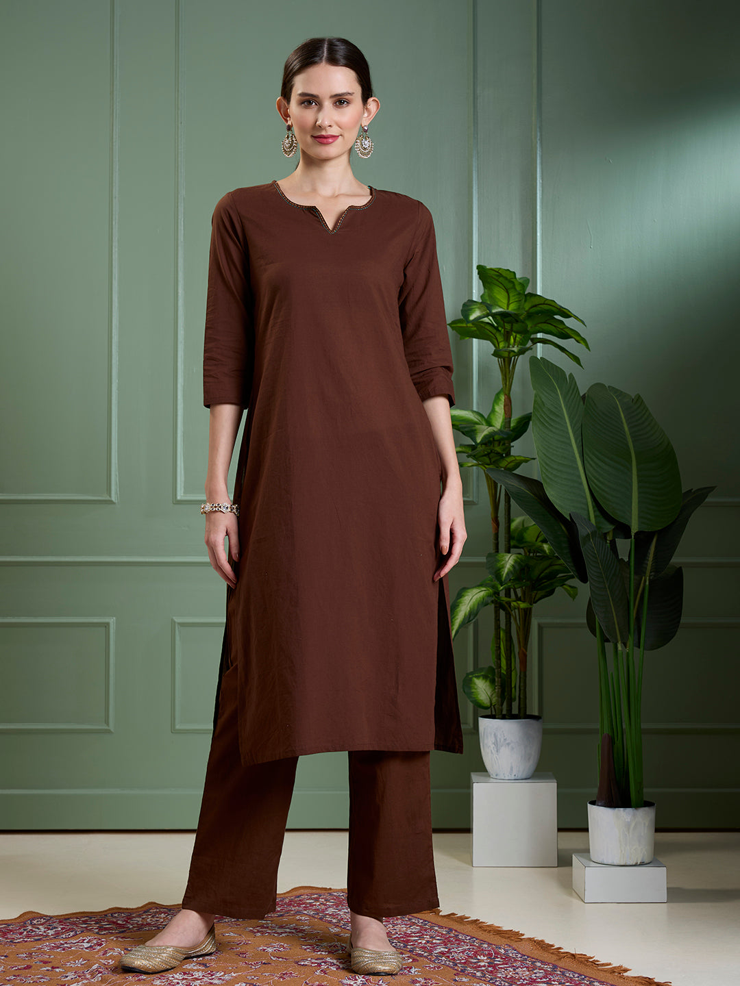 Solid Straight Fit Cotton Kurta with Pant & Mirror Work Sleeveless Jacket - Brown