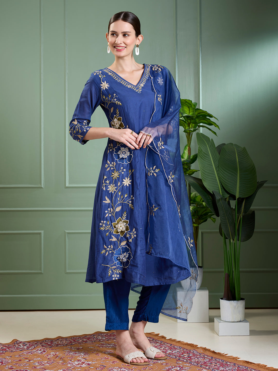 Solid Floral Embroidered Anarkali with Pant & Scalloped Dupatta - Blue