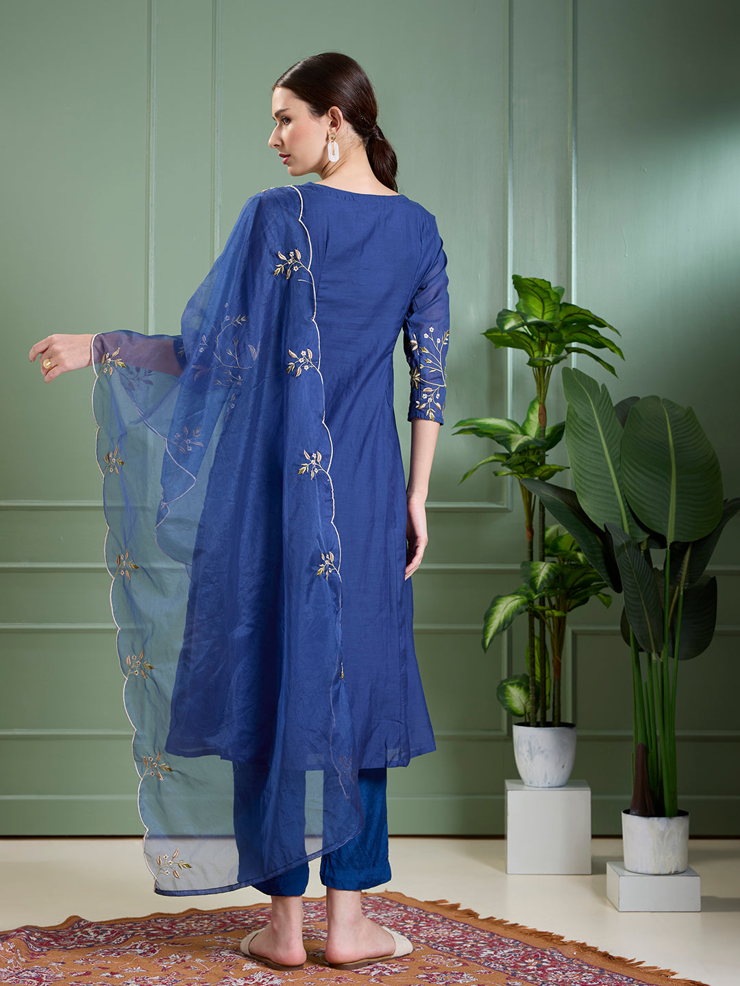 Solid Floral Embroidered Anarkali with Pant & Scalloped Dupatta - Blue