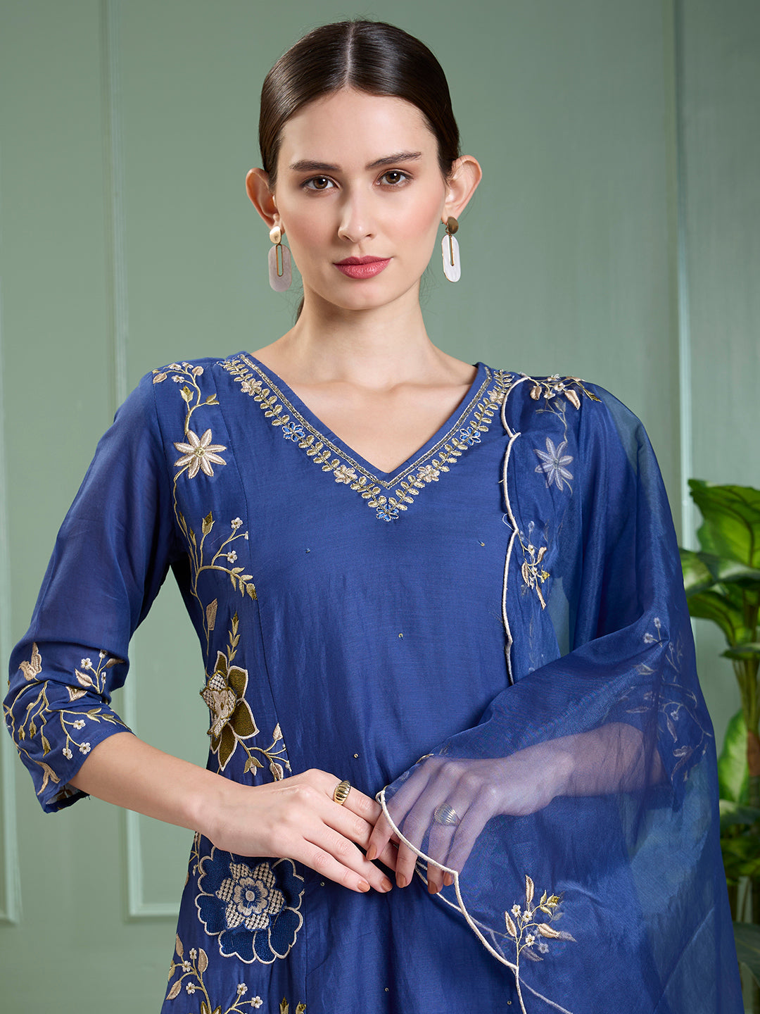 Solid Floral Embroidered Anarkali with Pant & Scalloped Dupatta - Blue