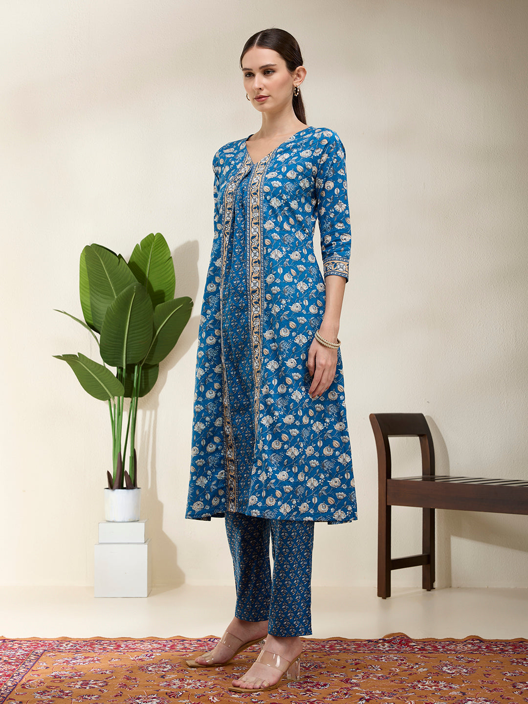 Floral Printed A-Line Flared Kurta with Pant - Blue