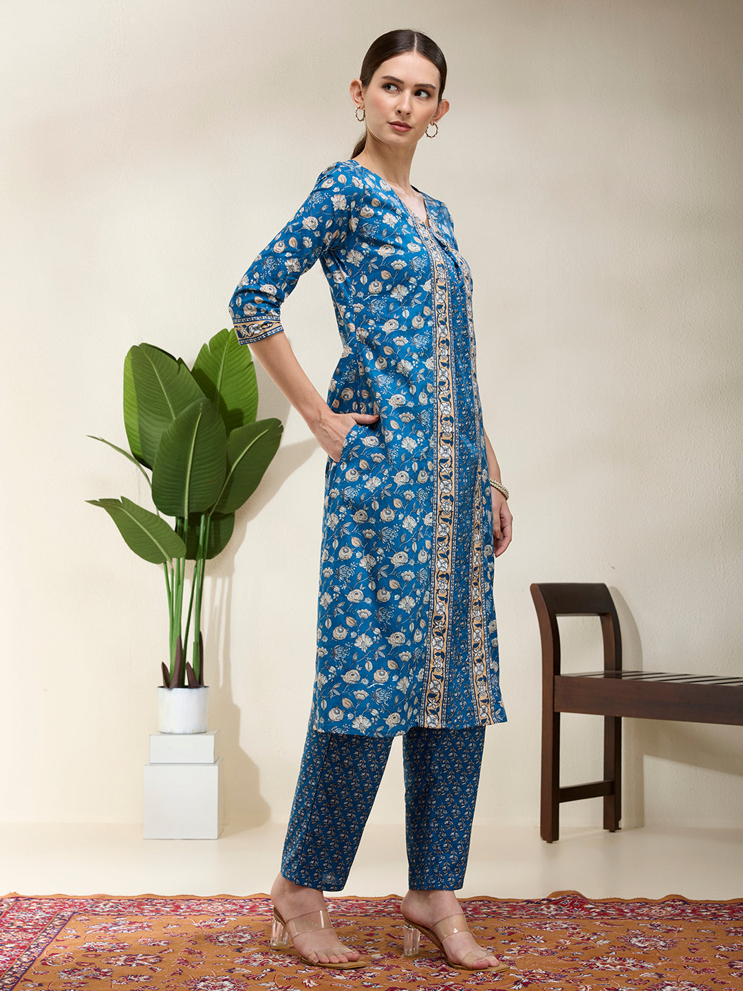 Floral Printed A-Line Flared Kurta with Pant - Blue