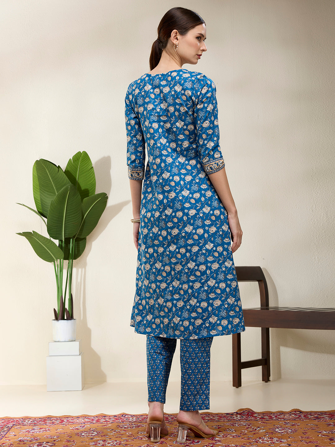 Floral Printed A-Line Flared Kurta with Pant - Blue
